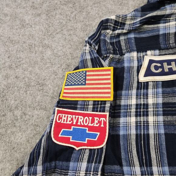 VTG Chevrolet Shirt Mens Large Blue Plaid Flannel Embroiderd Patch Racing USA - Picture 4 of 14